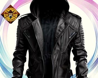 Men's Black Cowhide Leather Biker Jacket: Hooded Motorcycle Jacket