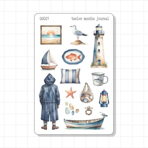 Hoja de pegatinas para diario con encanto de vida marina y vida en la playa / Barco de pesca marítimo con rayas azules frugales / Planificador de decoración, agenda Bujo, diario de recuerdos