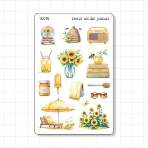 Feuille d'autocollants pastel pour carnet de notes tournesol | Jaune d'été Honey Lemonade Lounge boule à neige Ice | Agenda décoratif Bujo Agenda