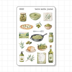 Foglio di adesivi per diario della natura verde oliva / Pasta al pesto con alimenti salutari, pane spalmabile, sottaceti, italiano / Agenda Bujo, planner per decorazioni, diario dei ricordi