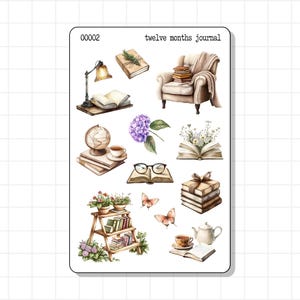 Foglio di adesivi per diario di lettura / Biblioteca estetica per la casa Tazza da tè Hygge / Planner di decorazioni Bujo Promemoria Agenda Programma di ricordi di viaggio