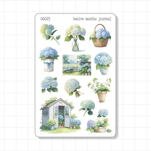 Hoja de pegatinas para diario de hortensias, decoración de jardinería, flores azules, primavera, verano, decoración de interiores del hogar, planificador, agenda, diario de recuerdos
