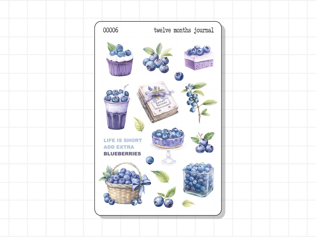 Blueberry Journal Sticker Sheet | Aesthetic Berries Fruit Smoothie Cake ...