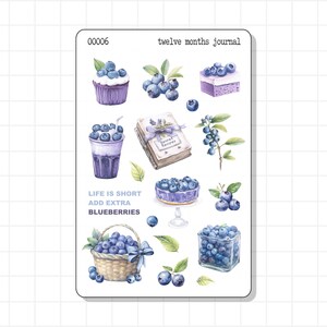 Foglio di adesivi per diario di mirtilli / Bacche estetiche Frullato di frutta Torta Dessert Dolce Natura / Decorazione Planner Bujo Agenda Diario dei ricordi