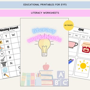 Cuaderno de alfabetización imprimible de 60 páginas para niños: seguimiento de letras, palabras CVC, palabras visuales, fonética y práctica de lectura temprana para preescolar.