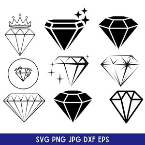 May include: A set of nine black and white diamond illustrations. The diamonds are in various styles, including a diamond with a crown, a diamond with stars, and a diamond with a circle around it. The text "SVG PNG JPG DXF EPS" is at the bottom of the image.