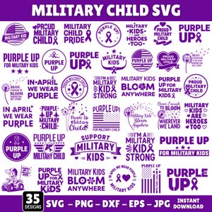 Peut inclure: Ensemble de 35 motifs numériques violets, intitulés "MILITARY CHILD SVG". Les motifs incluent des phrases telles que "Purple Up", "Military Kids" et "Proud Military Child". Formats : SVG, PNG, DXF, EPS et JPG. Le texte "Téléchargement instantané" est également présent.