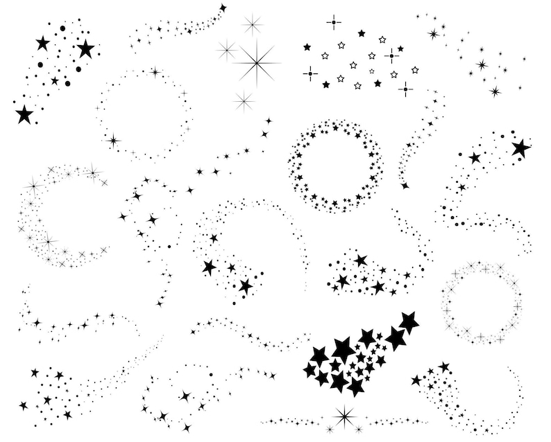 K&ouml;nnte beinhalten: Ein Satz schwarzer und wei&szlig;er Sternenausbr&uuml;che und Sternschnuppen-Illustrationen. Die Sterne sind in verschiedenen Mustern angeordnet, darunter Kreise, Linien und Wirbel.