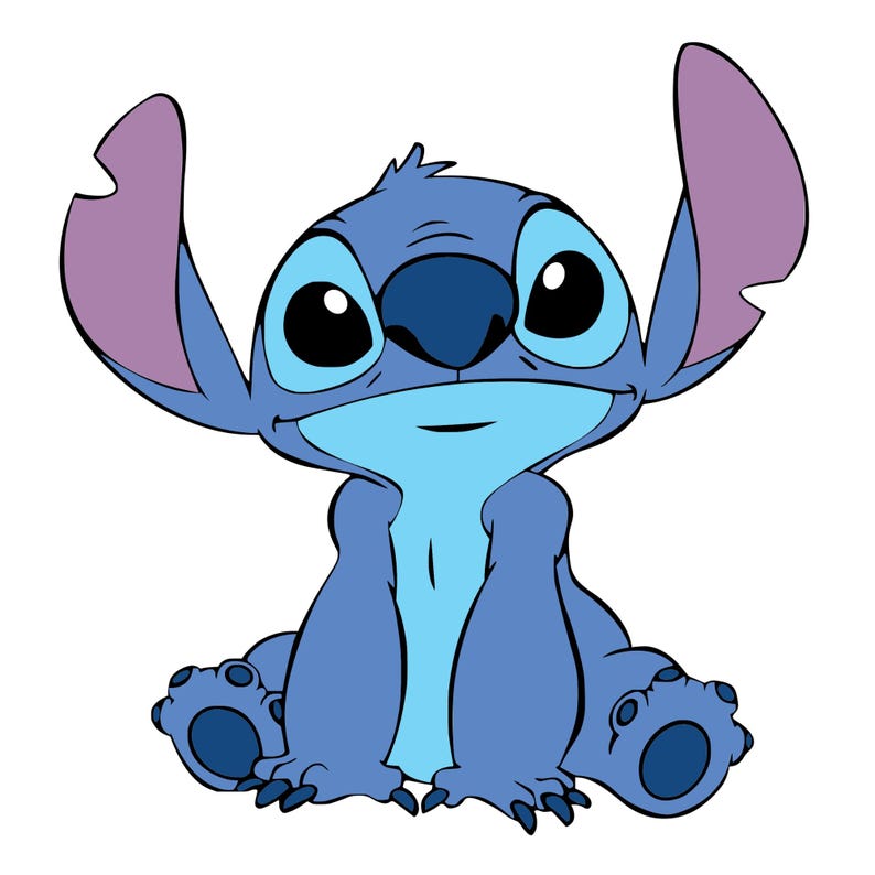 May include: A cartoon illustration of Stitch, a blue extraterrestrial creature with large ears and big black eyes. Stitch is sitting with his arms and legs forward, and his expression is friendly. The character is from the Disney animated film, Lilo & Stitch.