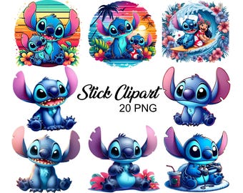 Paquete de imágenes PNG de Stitch en acuarela, descarga digital, uso comercial, diseños de camisetas, descarga instantánea, alta resolución