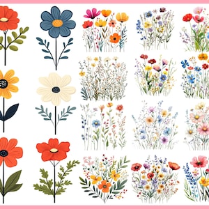 Puede incluir: Una colecci&oacute;n de ilustraciones florales coloridas. La imagen presenta flores individuales estilizadas en rojo, amarillo y azul, junto con ramos de acuarela de varias flores silvestres en tonos de rosa, naranja y morado. Las flores tienen tallos y hojas verdes.