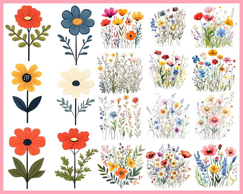 Puede incluir: Una colecci&oacute;n de ilustraciones florales coloridas. La imagen presenta flores individuales estilizadas en rojo, amarillo y azul, junto con ramos de acuarela de varias flores silvestres en tonos de rosa, naranja y morado. Las flores tienen tallos y hojas verdes.