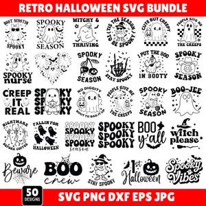 May include: A collection of 50 retro Halloween-themed SVG designs in black and white. The designs include ghosts, pumpkins, bats, and phrases like "Spooky Season," "Beware," and "Boo Crew." The bundle is perfect for crafting projects.
