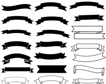 May include: A set of 25 black and white ribbon banner SVG designs. The banners are in various shapes and sizes, including curved, straight, and double-layered. The text "RIBBON BANNER SVG BUNDLE" and "25 DESIGNS" is visible at the top and bottom of the image. The text "SVG PNG JPG DXF EPS" is visible at the bottom of the image.