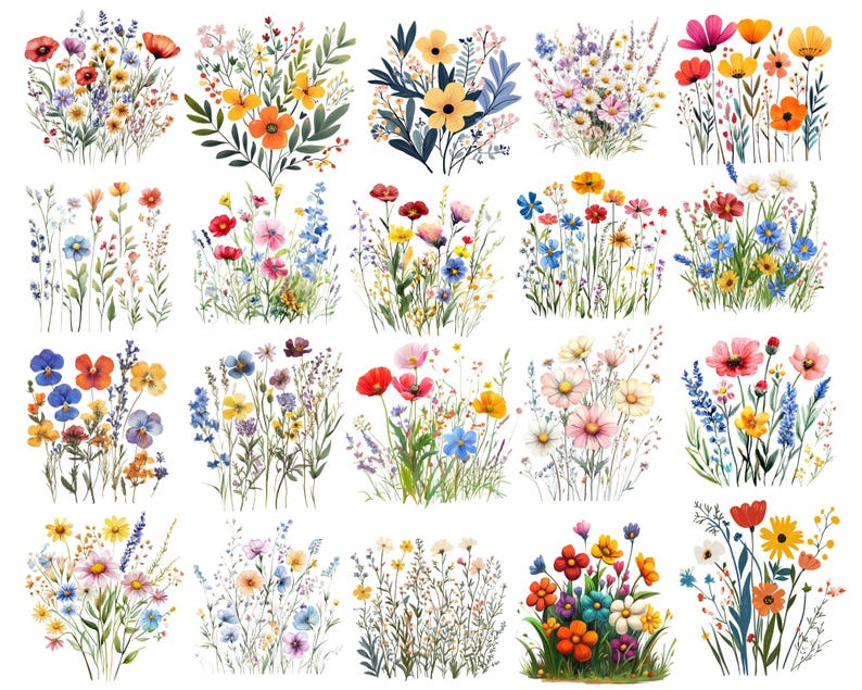 Puede incluir: Una colecci&oacute;n de ilustraciones en acuarela de varios ramos de flores silvestres. Los ramos presentan una variedad de flores coloridas, incluyendo amapolas rojas, margaritas amarillas y acianos azules, con follaje verde. Los arreglos est&aacute;n sobre un fondo blanco.