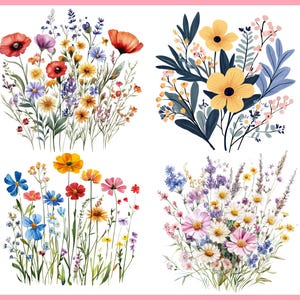 Puede incluir: Cuatro ilustraciones en acuarela de arreglos florales. Cada arreglo presenta una variedad de flores silvestres coloridas, incluyendo amapolas, margaritas y otras flores en tonos de rojo, amarillo, azul y morado, sobre un fondo blanco.