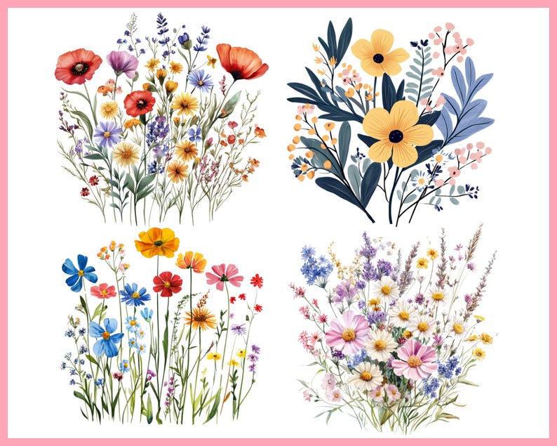 Puede incluir: Cuatro ilustraciones en acuarela de arreglos florales. Cada arreglo presenta una variedad de flores silvestres coloridas, incluyendo amapolas, margaritas y otras flores en tonos de rojo, amarillo, azul y morado, sobre un fondo blanco.