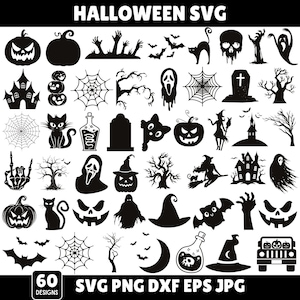 Può includere: Design SVG di Halloween in bianco e nero con zucche, pipistrelli, gatti, fantasmi, streghe, case infestate, ragnatele e lapidi. L'immagine include il testo "HALLOWEEN SVG" e "60 DESIGNS".