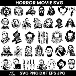 May include: Black and white SVG designs featuring iconic horror movie characters, including Pennywise, Chucky, and Michael Myers. The image includes the text "HORROR MOVIE SVG" and file type options.