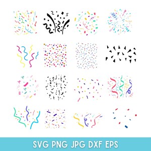 K&ouml;nnte beinhalten: Ein Set mit 12 digitalen Clipart-Bildern mit Konfetti und Luftschlangen in verschiedenen Farben und Mustern. Die Bilder sind perfekt, um Ihren Designs eine festliche Note zu verleihen.