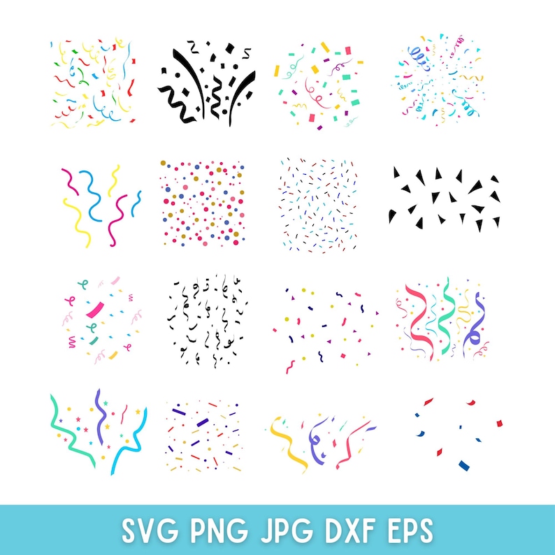 K&ouml;nnte beinhalten: Ein Set mit 12 digitalen Clipart-Bildern mit Konfetti und Luftschlangen in verschiedenen Farben und Mustern. Die Bilder sind perfekt, um Ihren Designs eine festliche Note zu verleihen.