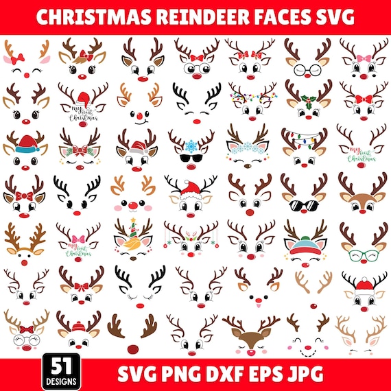 Christmas Reindeer Faces PNG Bundle, Girl Reindeer SVG, Boy Reindeer SVG, Cute Reindeer Face svg, Cricut Cut Files, Instant Download
