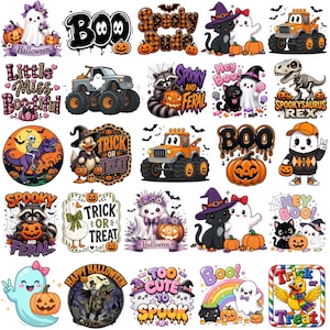 May include: A collection of twenty-five Halloween-themed stickers featuring ghosts, pumpkins, black cats, monster trucks, dinosaurs, and raccoons. The designs include text such as Boo, Spooky Dude, Trick or Treat, Little Miss Boo-tiful, and Hey Boo.