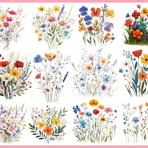 Puede incluir: Ilustraciones en acuarela de varios ramos de flores silvestres. Cada ramo presenta una disposici&oacute;n &uacute;nica de flores coloridas, incluyendo amapolas rojas, margaritas amarillas, acianos azules y lavanda p&uacute;rpura, con follaje verde. Los ramos est&aacute;n sobre un fondo blanco.