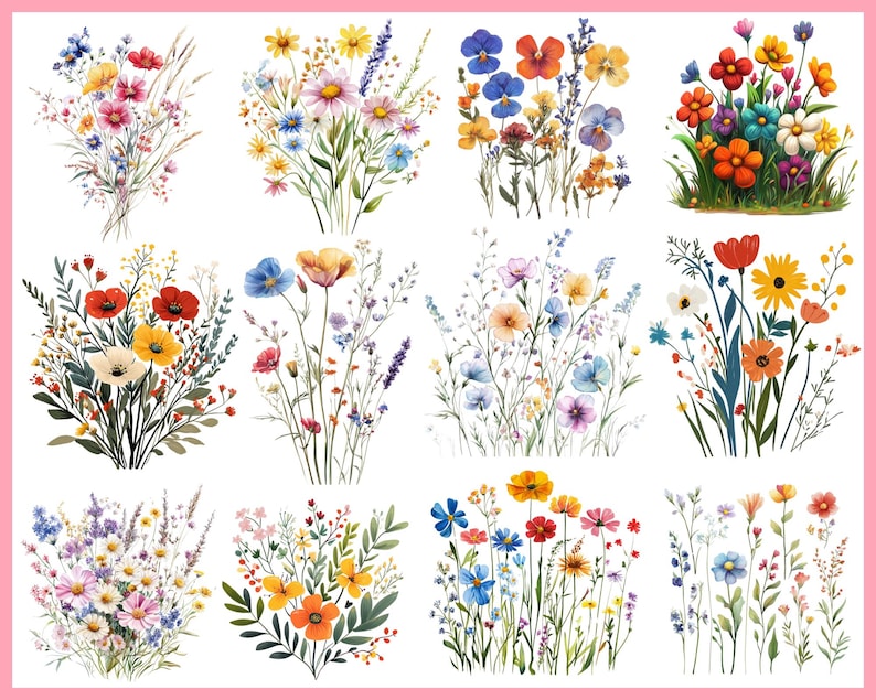 Puede incluir: Ilustraciones en acuarela de varios ramos de flores silvestres. Cada ramo presenta una disposici&oacute;n &uacute;nica de flores coloridas, incluyendo amapolas rojas, margaritas amarillas, acianos azules y lavanda p&uacute;rpura, con follaje verde. Los ramos est&aacute;n sobre un fondo blanco.