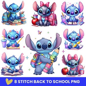 以下が含まれることがあります： リロ＆スティッチのキャラクター、スティッチが登場する8つのPNG画像のコレクション。画像は、鉛筆、本、バックパックなど、さまざまな学用品を持ったスティッチのさまざまなポーズを描いています。「8 Stitch Back to School PNG」というテキストが下にあります。