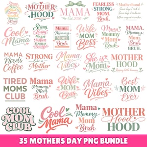 Può includere: Una collezione di 35 design PNG per la Festa della Mamma in vari font e colori, tra cui frasi come "Cool Mama", "Motherhood" e "Mama Vibes". I design presentano accenti floreali e sono adatti per progetti di artigianato.