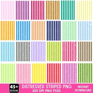 May include: A collection of twenty-five rectangular digital patterns featuring vertical stripes in various solid colors including pink, purple, red, gold, teal, yellow, orange, blue, green, gray, and brown, all with a distressed, weathered texture.