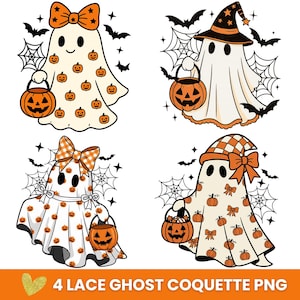May include: A digital illustration set featuring four distinct ghosts with Halloween themes. Each ghost is white with black eyes, holding an orange jack-o'-lantern bucket. They are decorated with orange bows, pumpkin patterns, and witch hats, surrounded by black bats and spider webs.