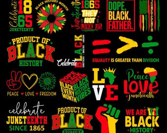 Könnte beinhalten: Eine Sammlung von 16 Juneteenth SVG-Designs in Rot, Gelb, Grün und Schwarz. Die Designs enthalten Texte wie "Product of Black History", "Dope Black Queen" und "Peace Love Freedom". Das Bild enthält auch den Text "Instant Download".