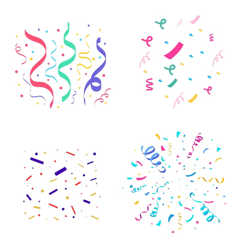 K&ouml;nnte beinhalten: Vier verschiedene Konfetti-Designs. Das erste Design zeigt bunte Luftschlangen in quadratischer Form. Das zweite Design zeigt buntes Konfetti in kreisf&ouml;rmiger Form. Das dritte Design zeigt eine quadratische Form mit Konfetti in verschiedenen Farben und Formen. Das vierte Design zeigt eine kreisf&ouml;rmige Form mit buntem Konfetti in verschiedenen Formen.