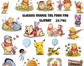 May include: A collection of 25 PNG clipart images featuring Winnie the Pooh and friends. The illustrations include Pooh with a balloon, eating honey, and with Piglet, Eeyore, and Tigger. The text "CLASSIC WINNIE THE POOH PNG CLIPART 25 PNG" is also included.
