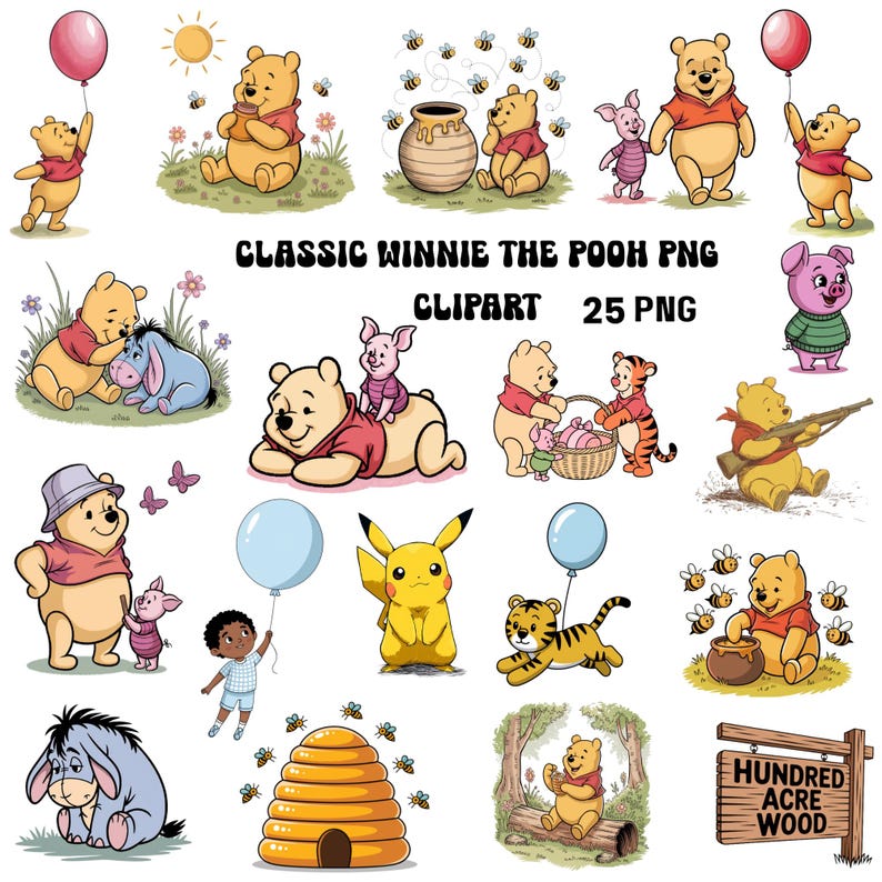 Puede incluir: Una colecci&oacute;n de 25 im&aacute;genes predise&ntilde;adas PNG de Winnie the Pooh y sus amigos. Las ilustraciones incluyen a Pooh con un globo, comiendo miel y con Piglet, Eeyore y Tigger. Tambi&eacute;n se incluye el texto "CLASSIC WINNIE THE POOH PNG CLIPART 25 PNG".