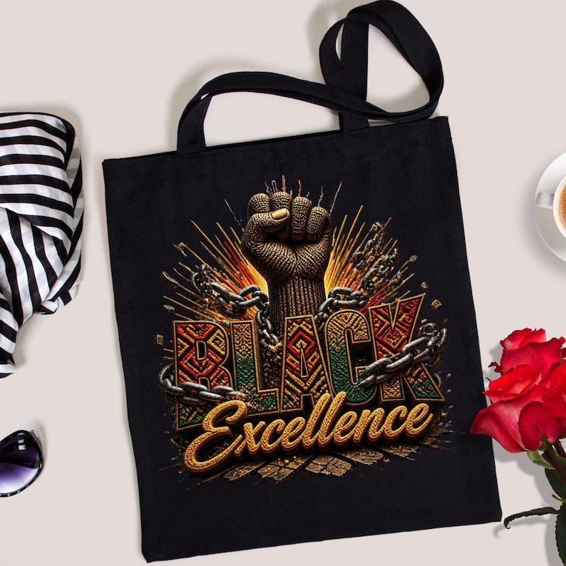 May include: Black tote bag featuring a raised fist graphic with the words "BLACK Excellence" in gold, red, and green. The design includes chains and a burst of gold lines. The bag has black handles.
