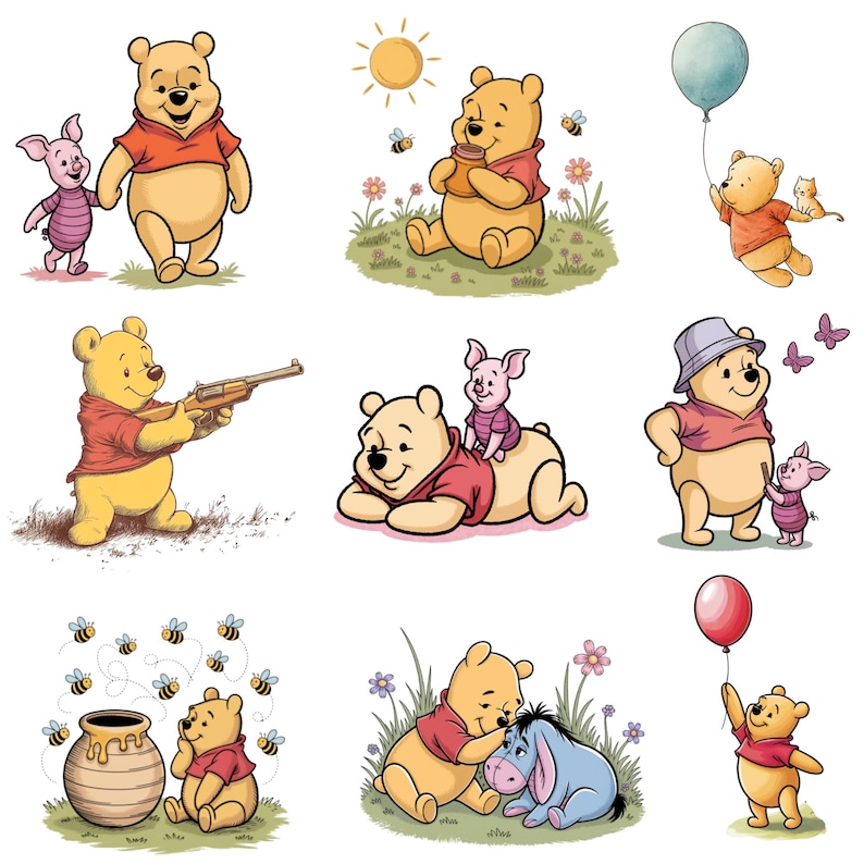 Puede incluir: Una colecci&oacute;n de nueve ilustraciones con Winnie the Pooh y sus amigos. Las im&aacute;genes muestran a Pooh en varias poses, incluyendo sosteniendo un arma, un globo y con Piglet y Eeyore. Las ilustraciones son de estilo caricatura con colores brillantes.