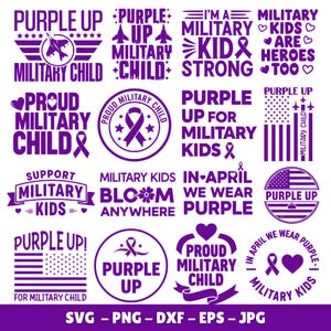 May include: A collection of purple graphics with text supporting military children. Designs include phrases like "Purple Up," "Military Child," and "Proud Military Child." The image also features the American flag and ribbons.