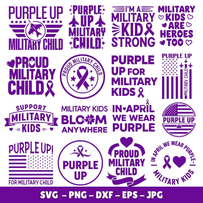 May include: A collection of purple graphics with text supporting military children. Designs include phrases like "Purple Up," "Military Child," and "Proud Military Child." The image also features the American flag and ribbons.
