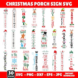 Op de afbeelding: Een verzameling van 30 kerstveranda-bordontwerpen in SVG-, PNG-, DXF-, EPS- en JPG-formaten. De borden tonen feestelijke zinnen als "Vrolijk Kerstfeest", "Santa Claus" en "Welkom", in rood, groen en wit. De afbeelding bevat de tekst "Christmas Porch Sign SVG".