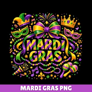 May include: A vibrant Mardi Gras design on a black background. The design features a large bow with green, yellow, and purple ribbons, along with the words "MARDI GRAS" in large, colorful letters. Other elements include masks, crowns, and musical notes.