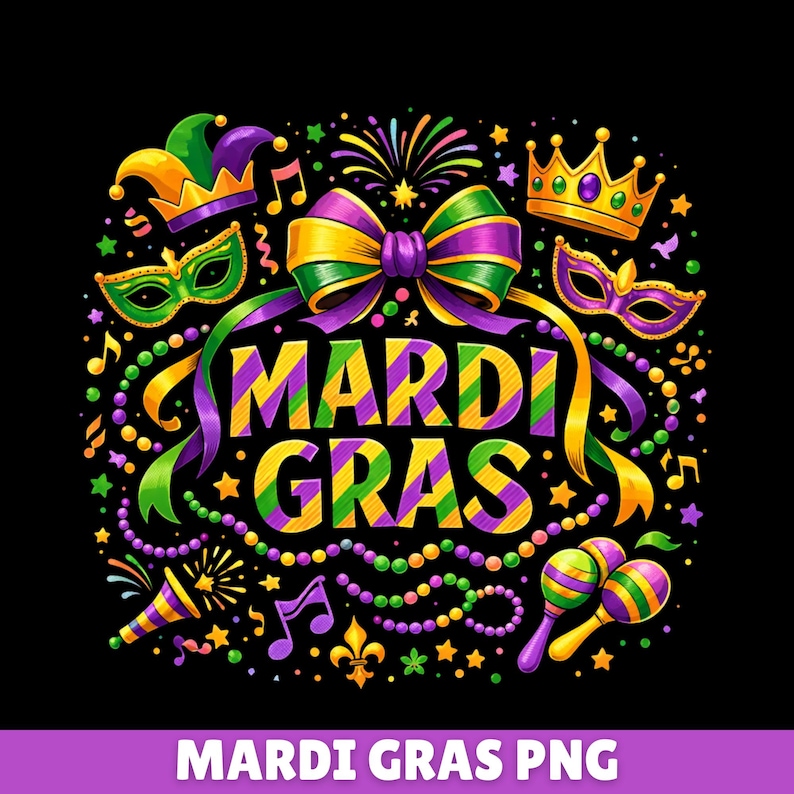 May include: A vibrant Mardi Gras design on a black background. The design features a large bow with green, yellow, and purple ribbons, along with the words "MARDI GRAS" in large, colorful letters. Other elements include masks, crowns, and musical notes.