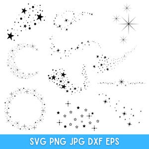 K&ouml;nnte beinhalten: Ein Satz von zehn schwarzen und wei&szlig;en Sternen- und Sternenschweif-Designs. Die Designs sind perfekt, um jedem Projekt einen Hauch von Glanz zu verleihen.