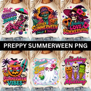 May include: A collection of six cream-colored t-shirts featuring colorful graphic prints with skeletons, pumpkins, ghosts, and tropical elements. The designs include text such as Hot Ghoul Summer, Summerween, Beach Boo, and I'm Freaking Melting.