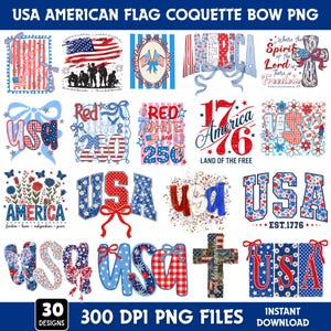 Op de afbeelding: Een digitale collectie van 30 PNG-ontwerpen met Amerikaanse patriottische thema's. Ontwerpen omvatten de Amerikaanse vlag, het woord "America" in verschillende stijlen en de tekst "Red, White & 250". De ontwerpen zijn in rood, wit en blauw.