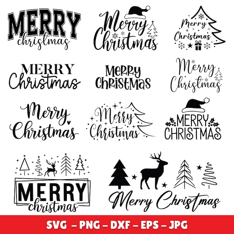 May include: A collection of black and white Christmas-themed designs featuring the text "Merry Christmas" in various fonts and styles. Includes images of Christmas trees, snowflakes, and reindeer. The bottom of the image displays "SVG - PNG - DXF - EPS - JPG".