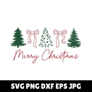 May include: A festive design with the words "Merry Christmas" in a flowing red script. The image features green Christmas trees and red bows, perfect for holiday-themed crafts and decorations.