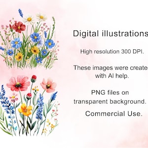 Puede incluir: Ilustraciones digitales en acuarela de coloridas flores silvestres. La imagen incluye el texto "Ilustraciones digitales", "Alta resoluci&oacute;n 300 DPI" y "Archivos PNG sobre fondo transparente. Uso comercial."